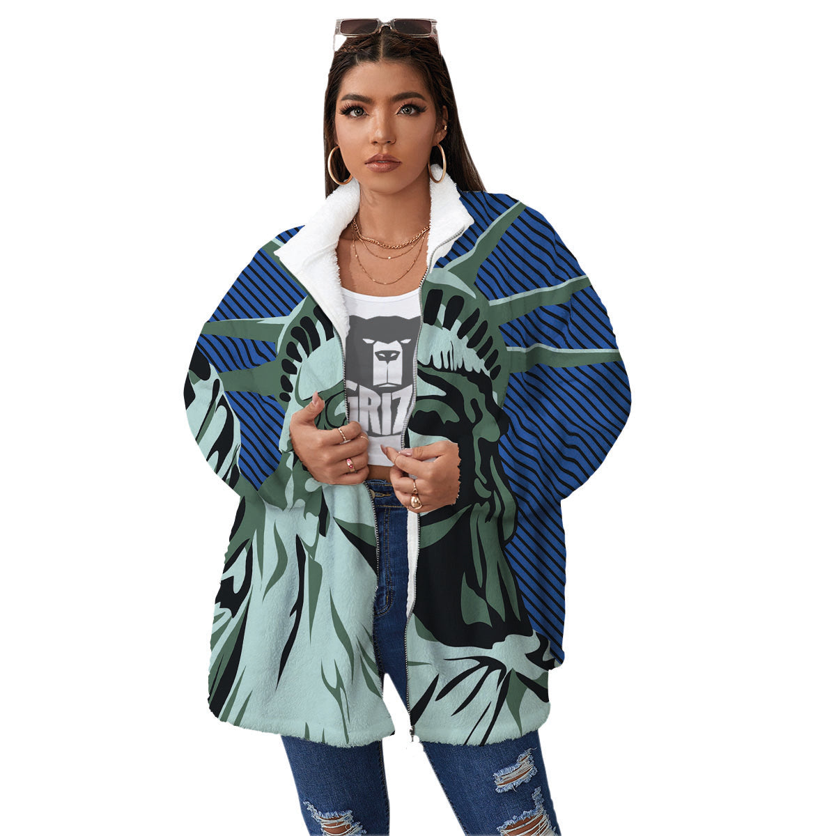 Statue Of Liberty American Print Women's Sherpa Jacket-grizzshop