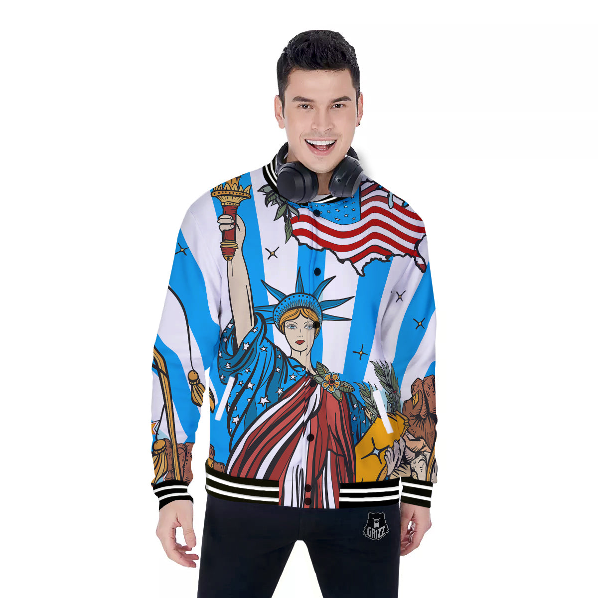 Statue Of Liberty USA Print Baseball Jacket-grizzshop