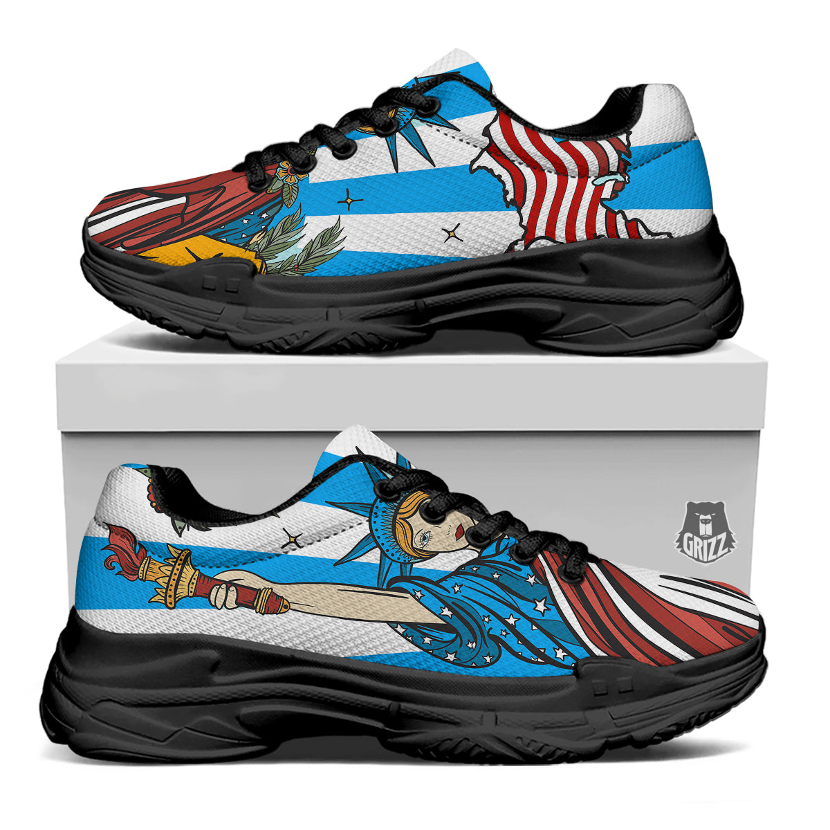 Statue Of Liberty USA Print Black Chunky Shoes-grizzshop