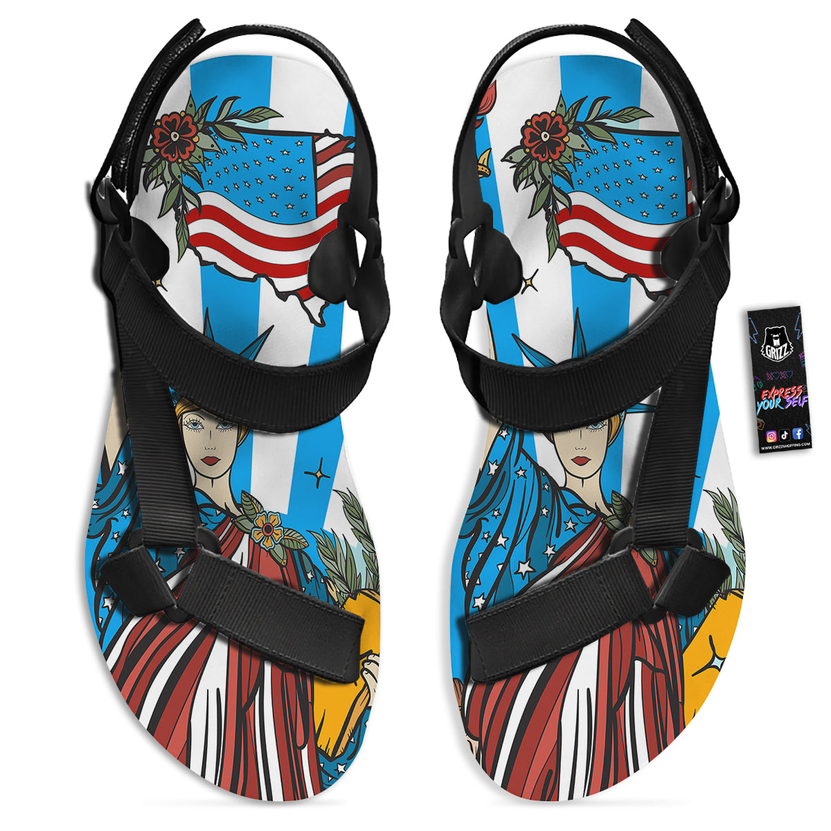 Statue Of Liberty USA Print Black Open Toe Sandals-grizzshop