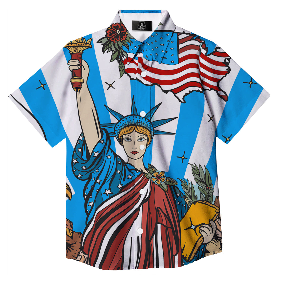 Statue Of Liberty USA Print Button Up Shirt-grizzshop