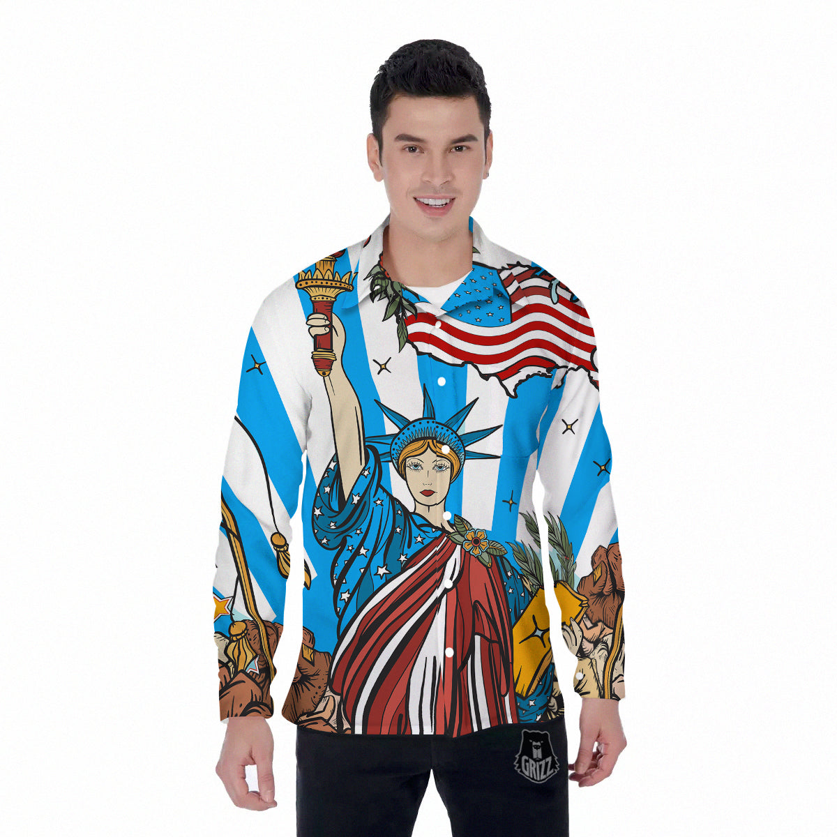 Statue Of Liberty USA Print Men's Long Sleeve Shirts-grizzshop