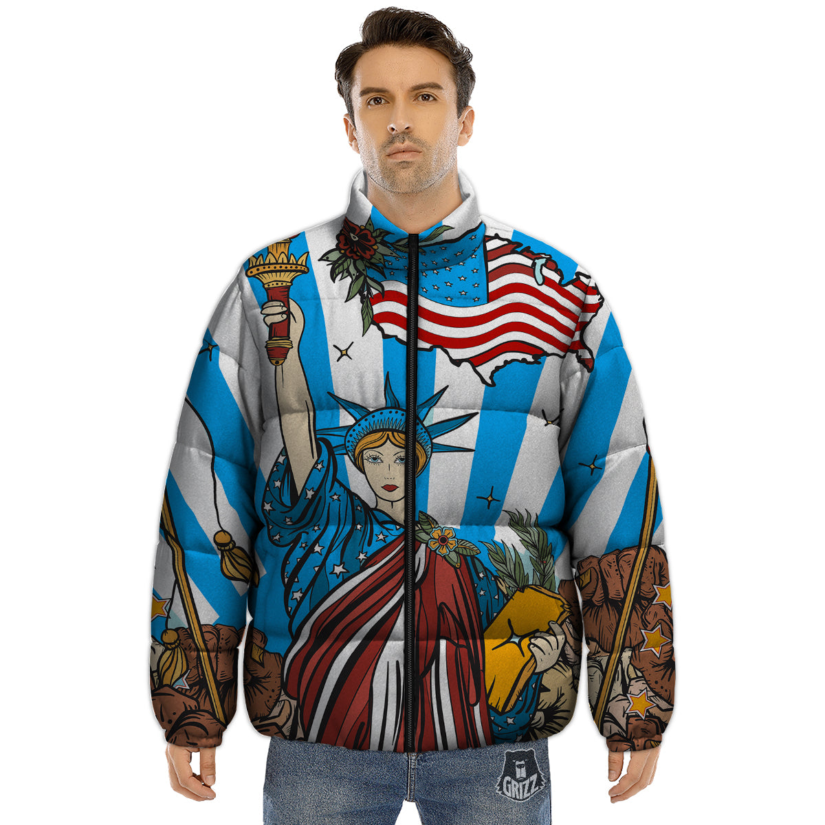 Statue Of Liberty USA Print Puffer Jacket-grizzshop