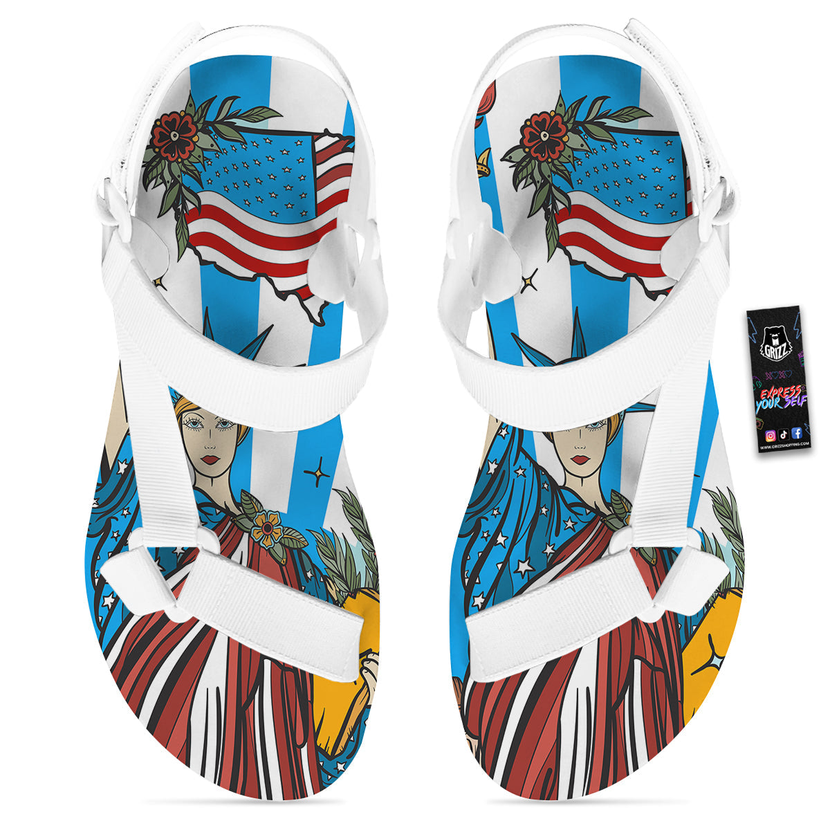 Statue Of Liberty USA Print White Open Toe Sandals-grizzshop