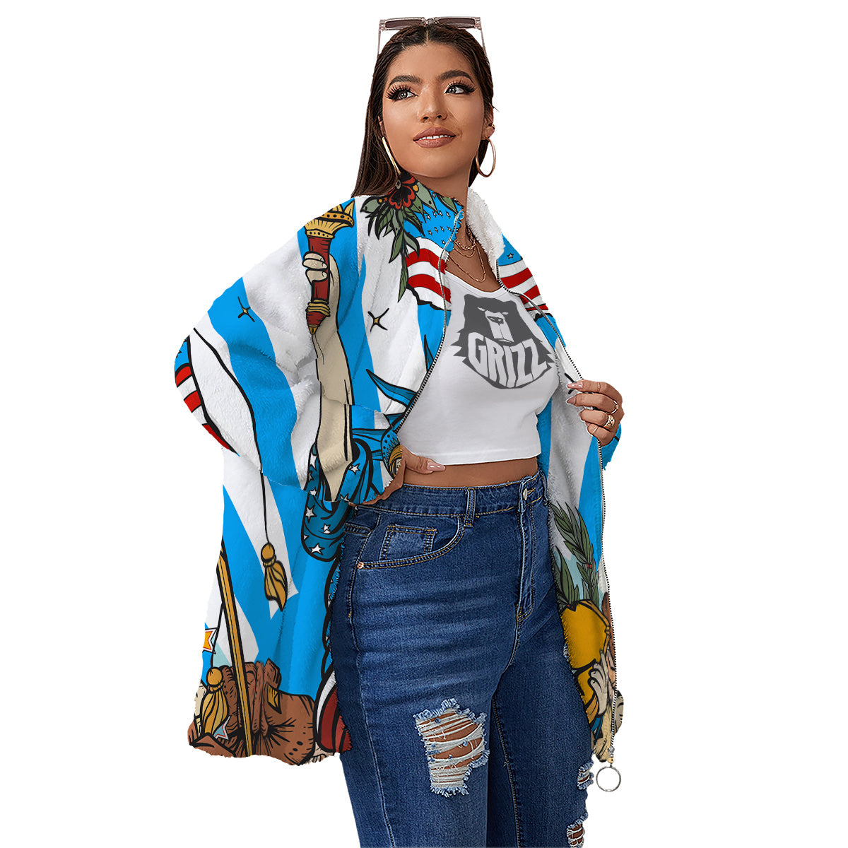 Statue Of Liberty USA Print Women's Sherpa Jacket-grizzshop