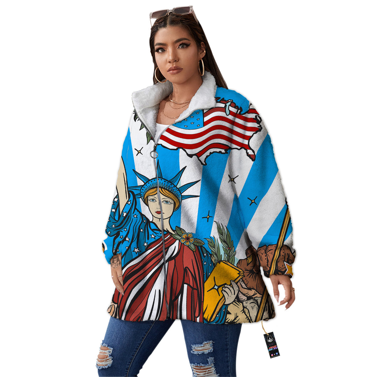 Statue Of Liberty USA Print Women's Sherpa Jacket-grizzshop