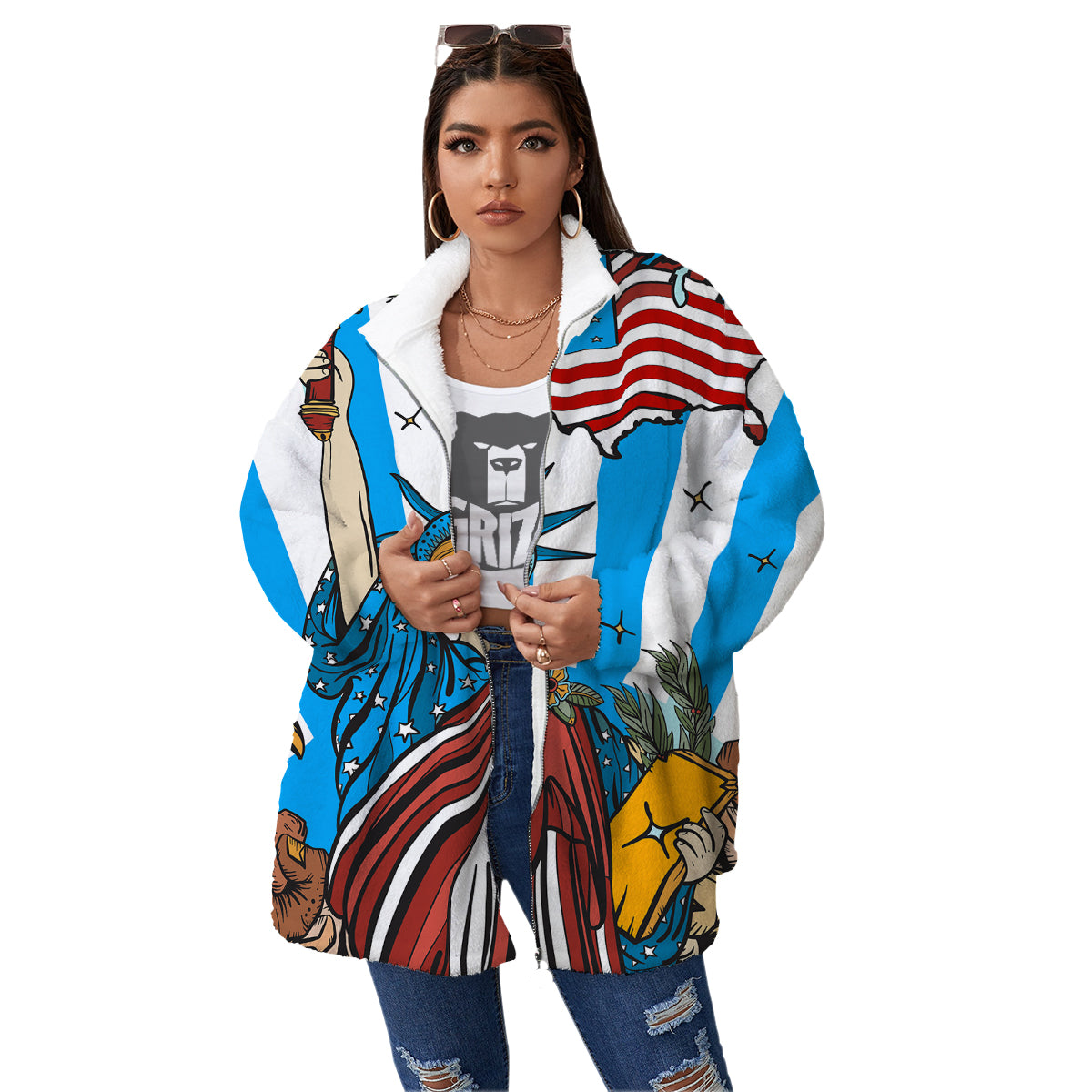 Statue Of Liberty USA Print Women's Sherpa Jacket-grizzshop