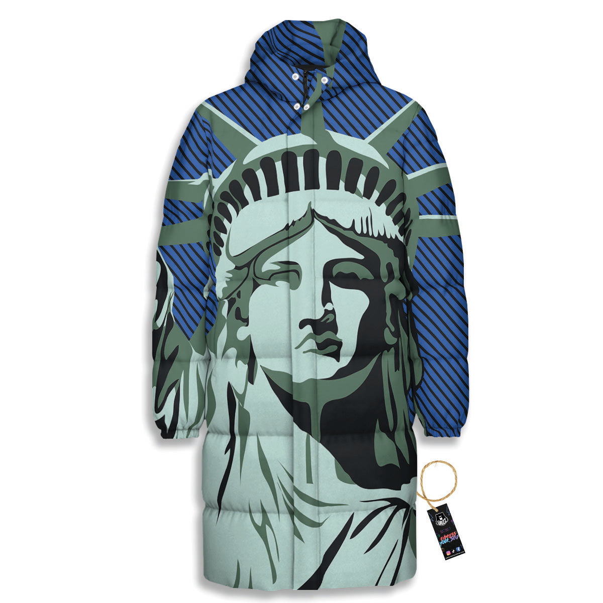 Statue Of Liberty American Print Long Down Jacket-grizzshop