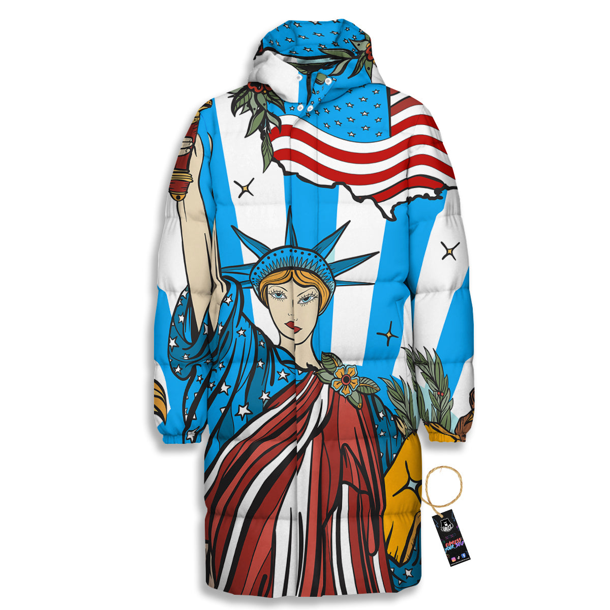 Statue Of Liberty USA Print Long Down Jacket-grizzshop