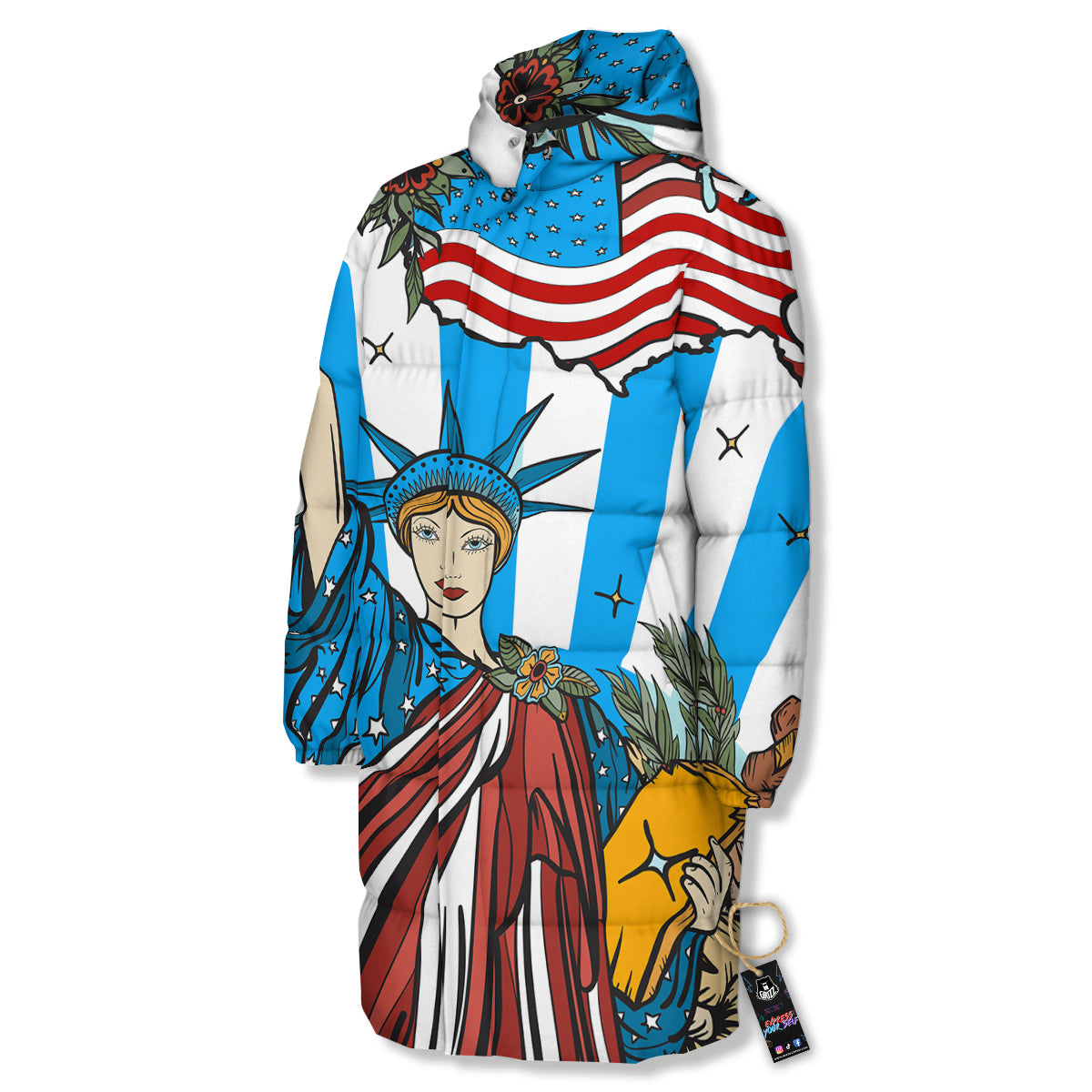 Statue Of Liberty USA Print Long Down Jacket-grizzshop