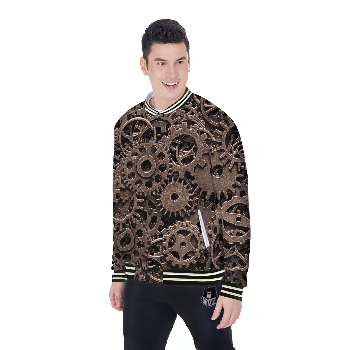 Steampunk Brass Gears And Cogs Print Baseball Jacket-grizzshop