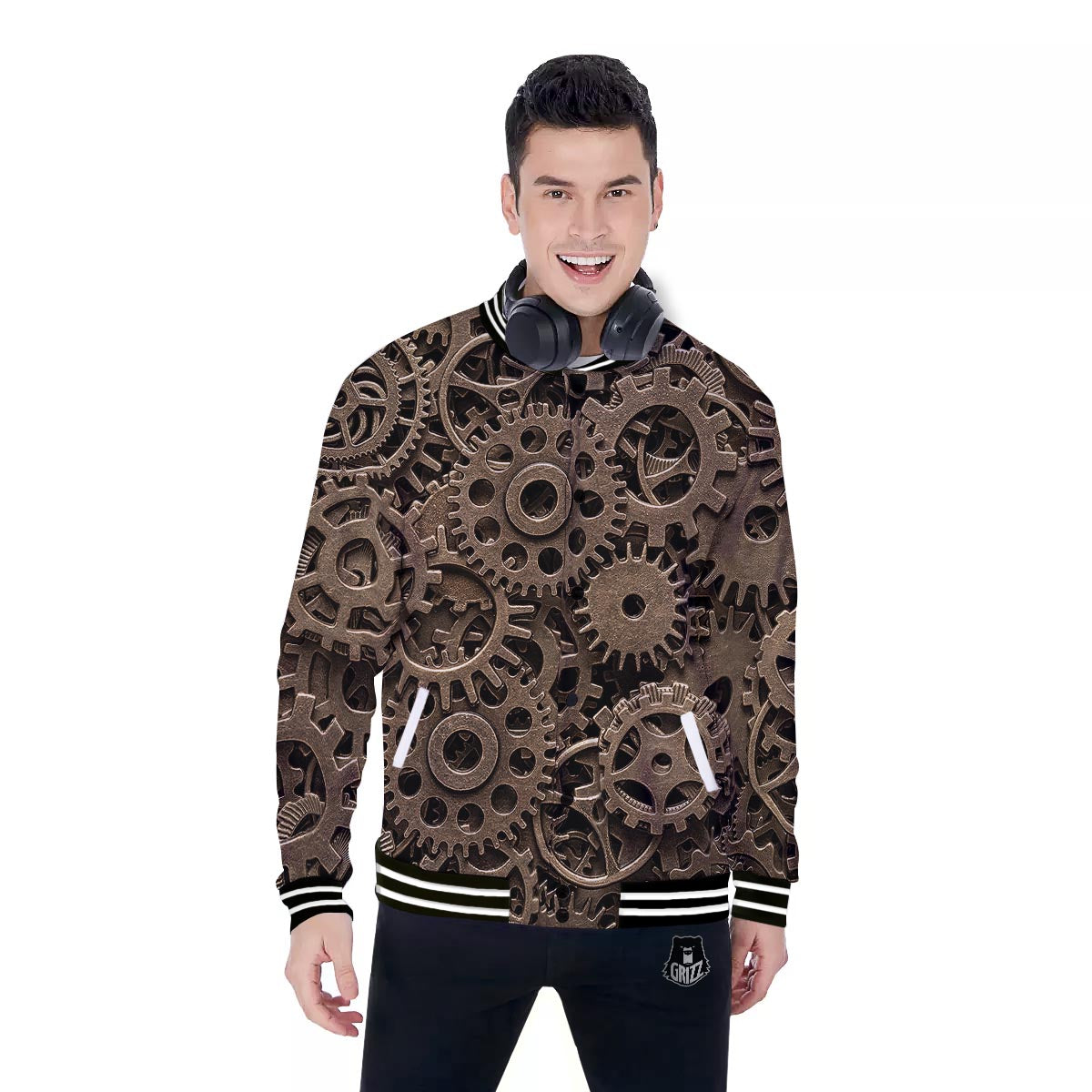 Steampunk Brass Gears And Cogs Print Baseball Jacket-grizzshop