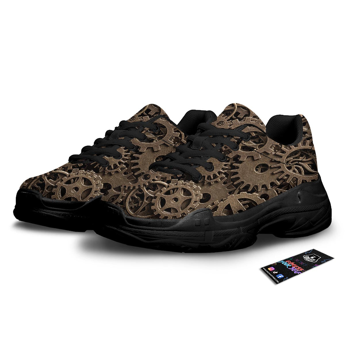Steampunk Brass Gears And Cogs Print Black Chunky Shoes-grizzshop