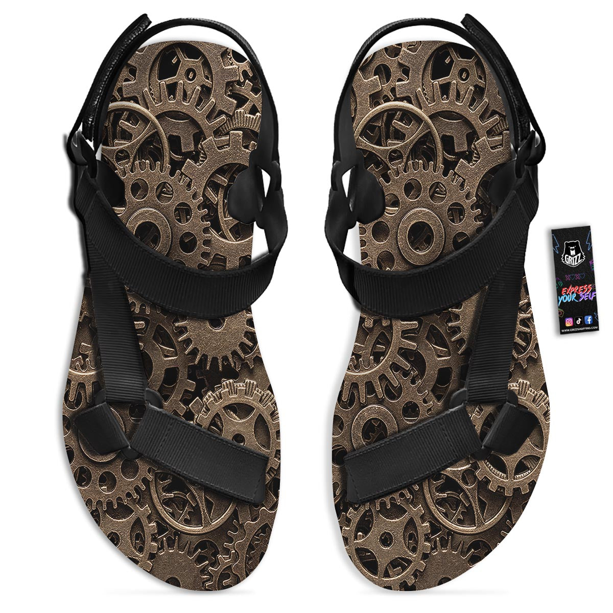 Steampunk Brass Gears And Cogs Print Black Open Toe Sandals-grizzshop