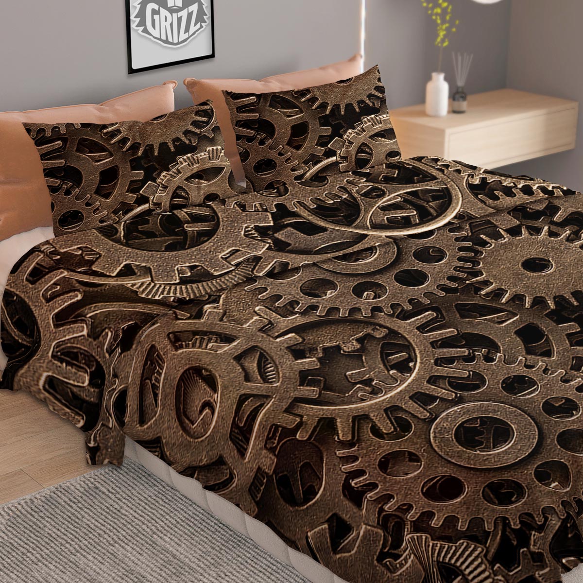 Steampunk Brass Gears And Cogs Print Duvet Cover Bedding Set
