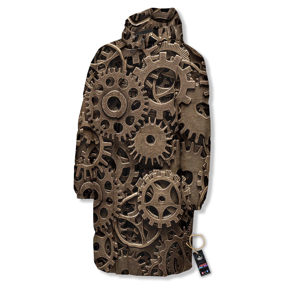 Steampunk Brass Gears And Cogs Print Long Down Jacket-grizzshop