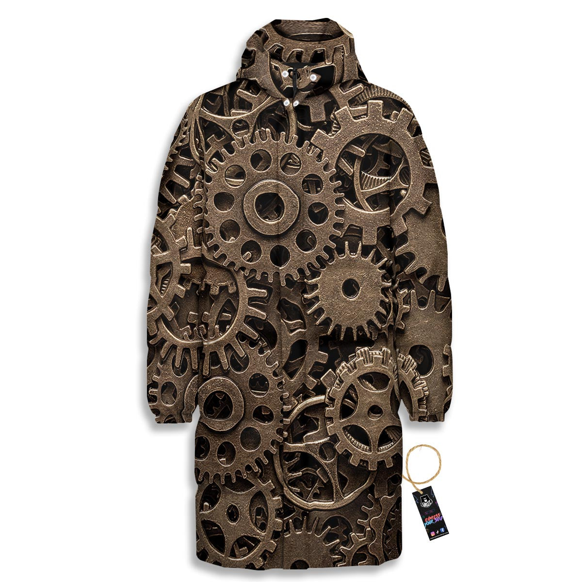 Steampunk Brass Gears And Cogs Print Long Down Jacket-grizzshop
