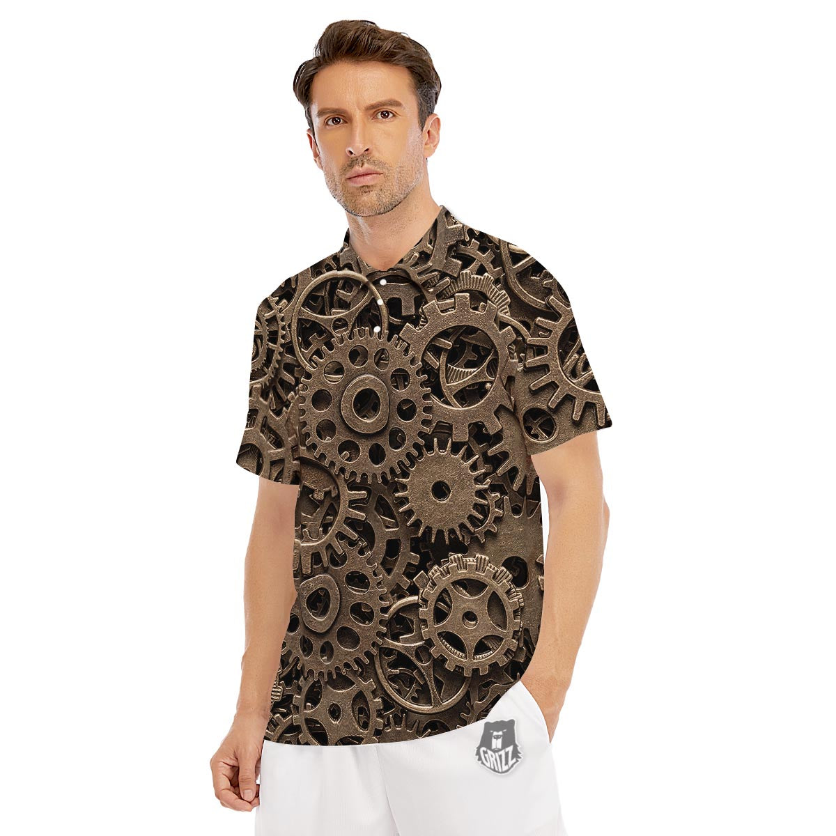 Steampunk Brass Gears And Cogs Print Men's Golf Shirts-grizzshop