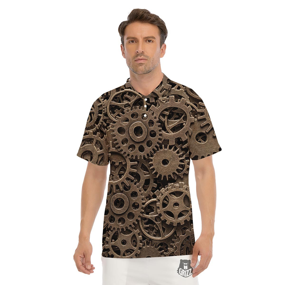 Steampunk Brass Gears And Cogs Print Men's Golf Shirts-grizzshop