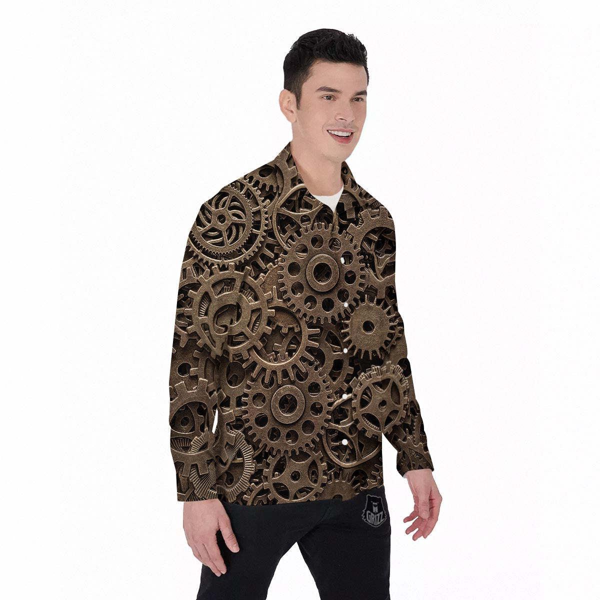 Steampunk Brass Gears And Cogs Print Men's Long Sleeve Shirts-grizzshop