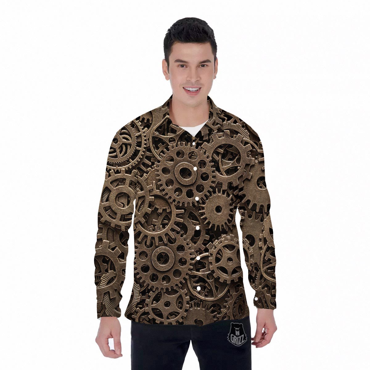 Steampunk Brass Gears And Cogs Print Men's Long Sleeve Shirts-grizzshop