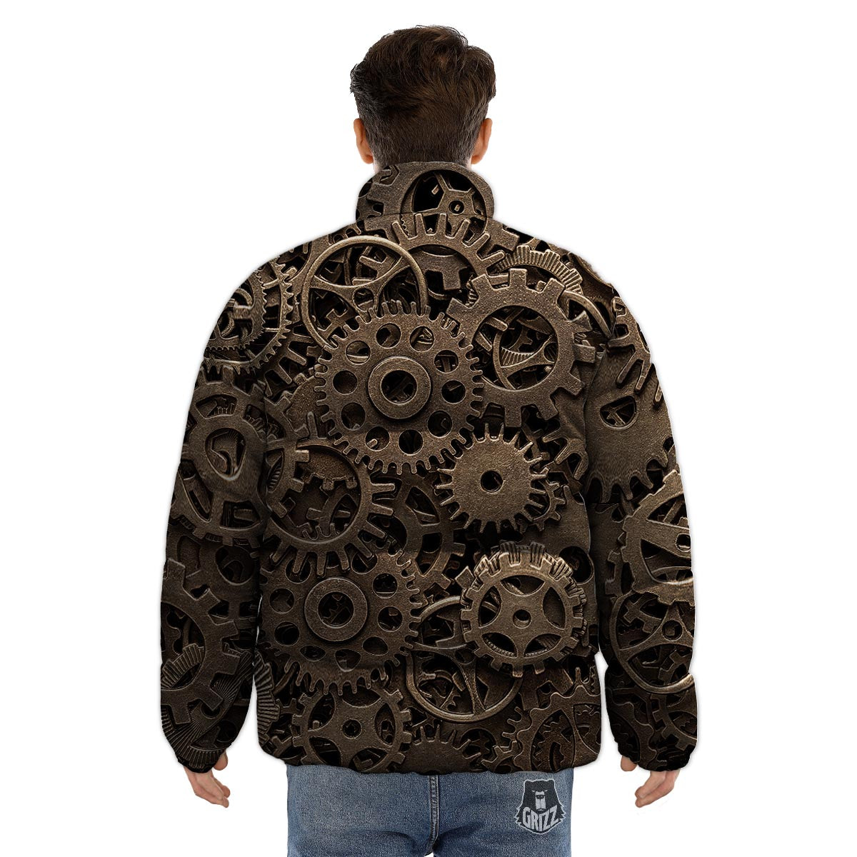 Steampunk Brass Gears And Cogs Print Puffer Jacket-grizzshop