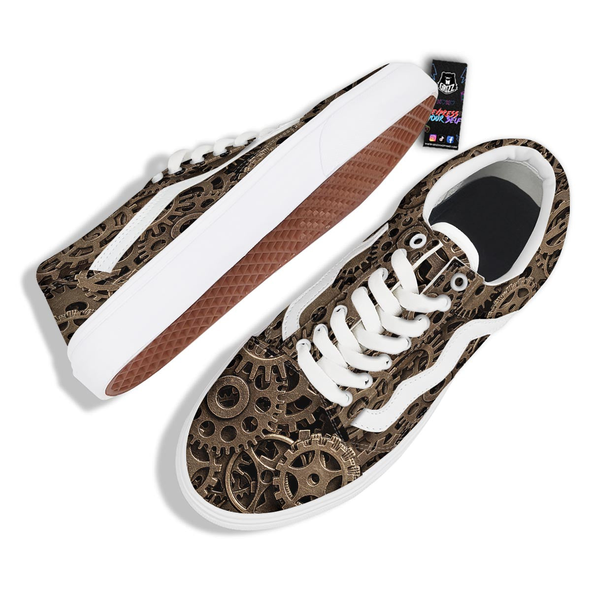 Steampunk Brass Gears And Cogs Print Skate Shoes-grizzshop