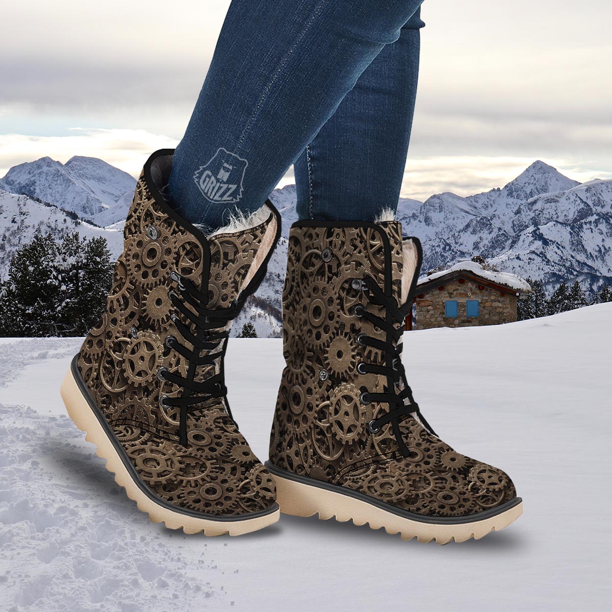 Steampunk Brass Gears And Cogs Print Snow Boots-grizzshop