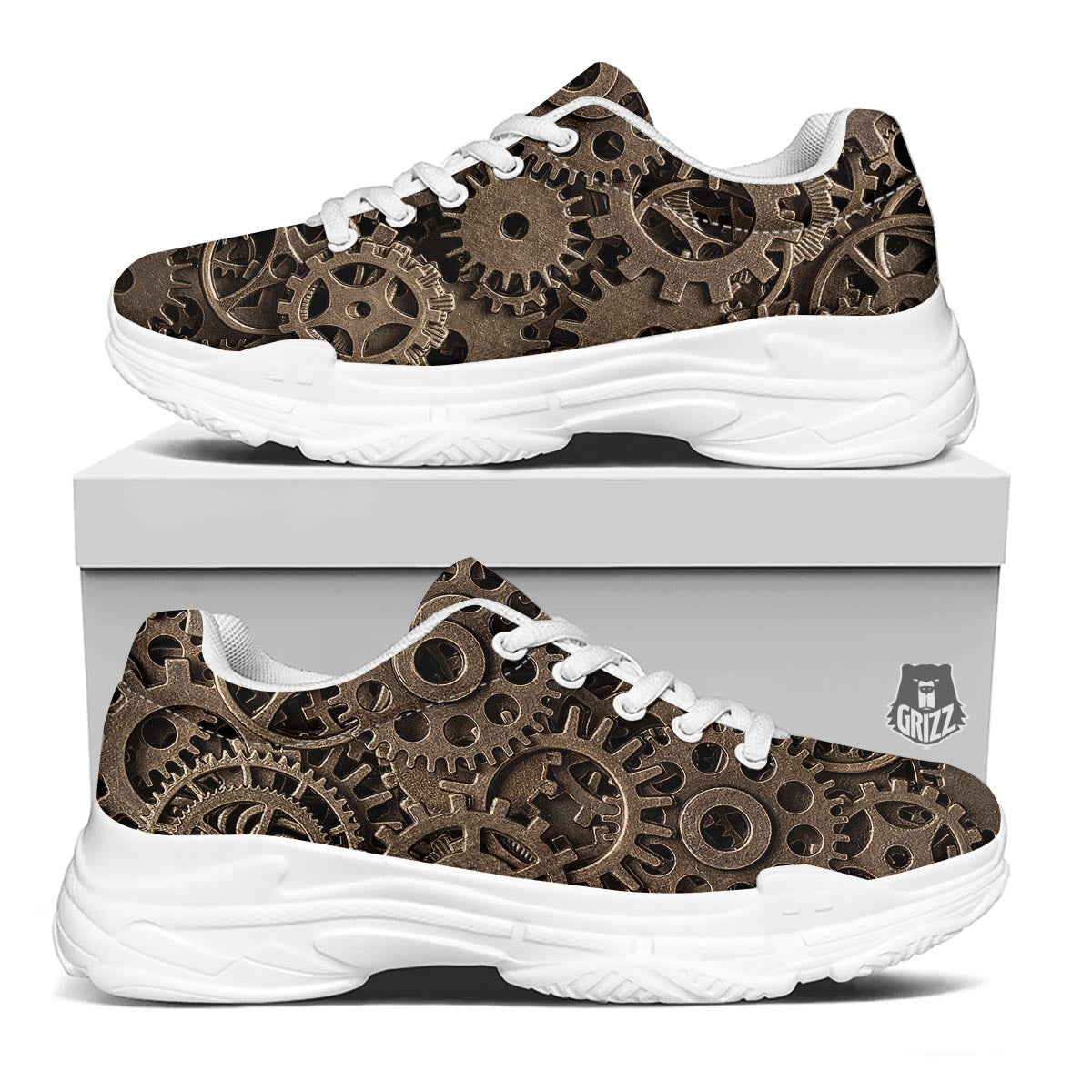 Steampunk Brass Gears And Cogs Print White Chunky Shoes-grizzshop