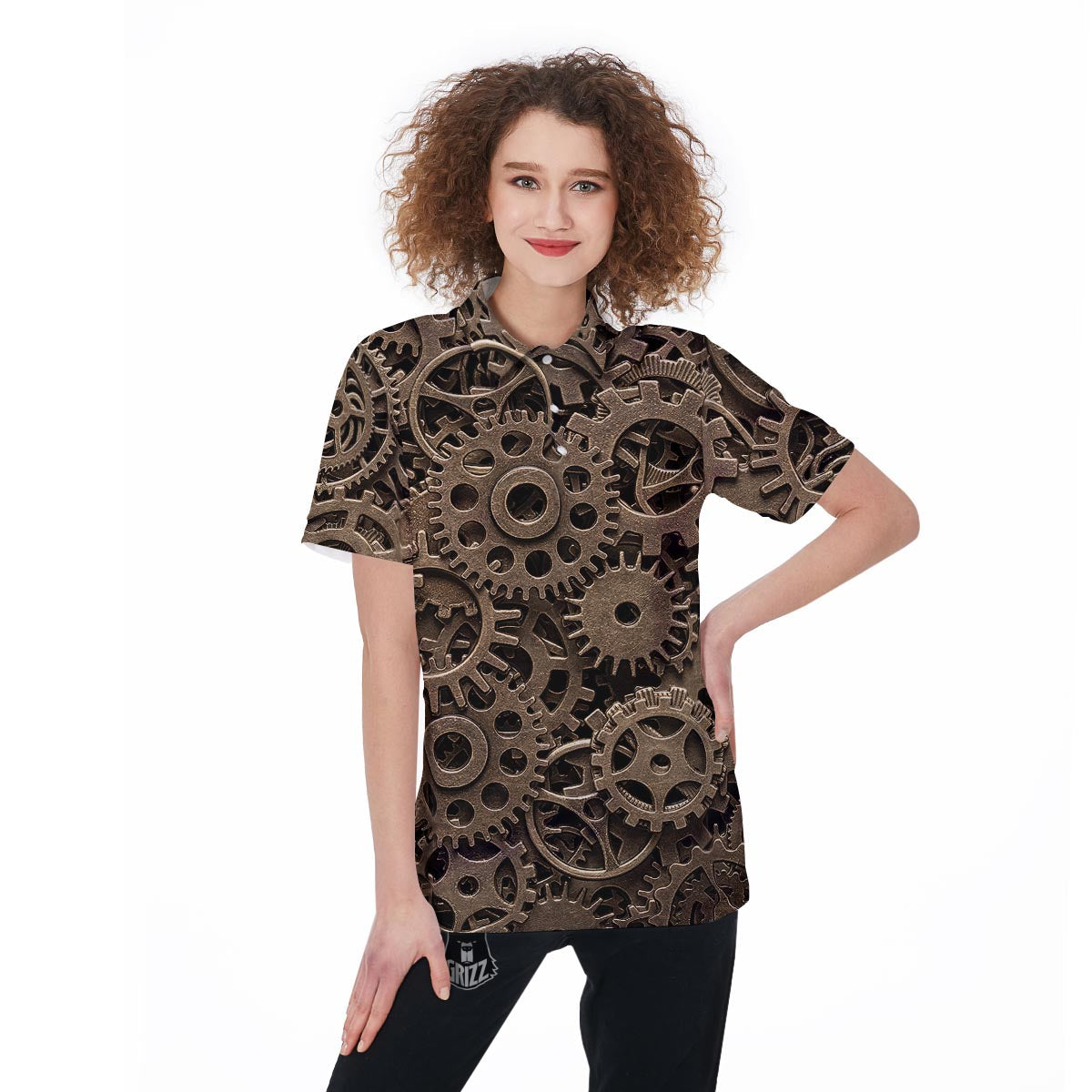 Steampunk Brass Gears And Cogs Print Women's Golf Shirts-grizzshop