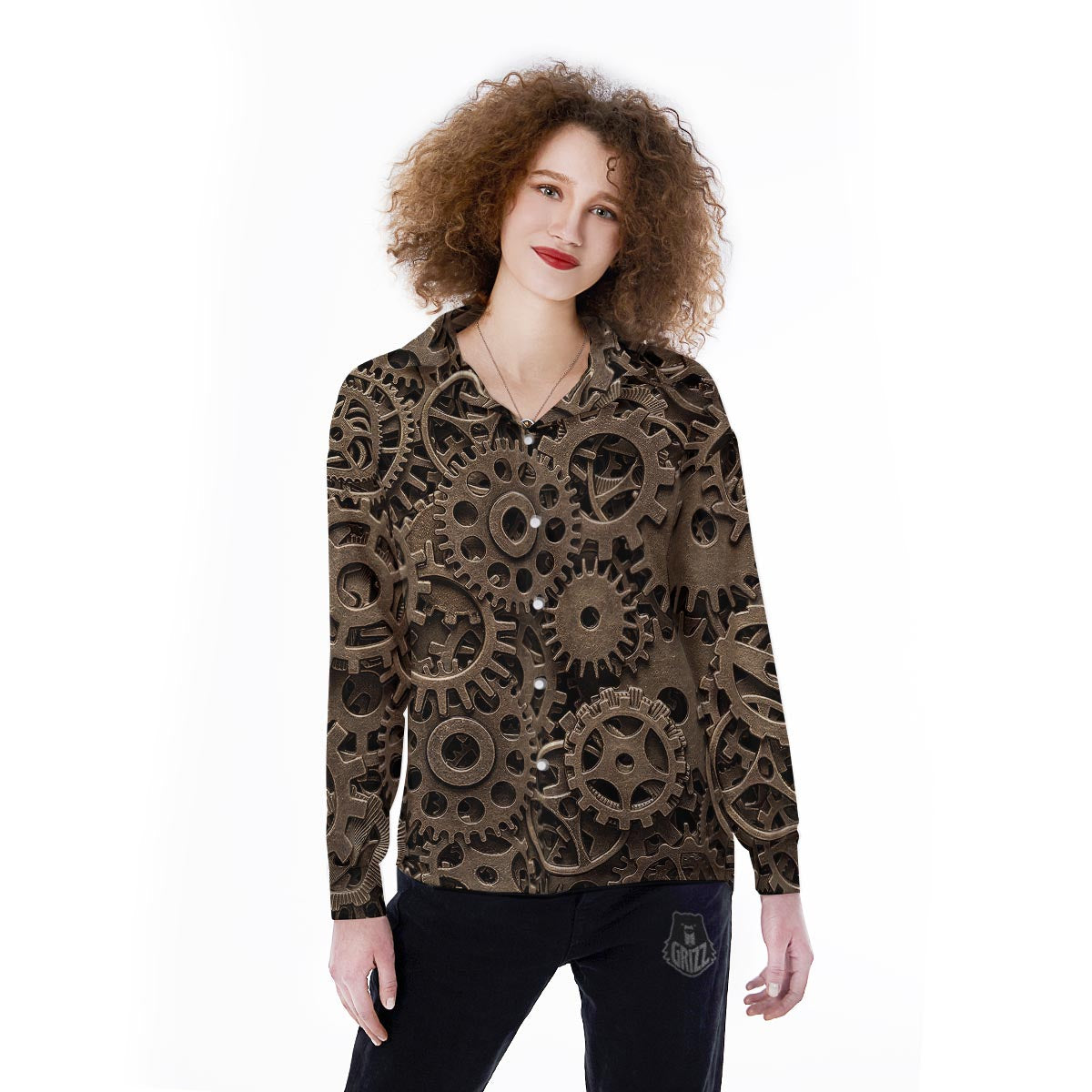 Steampunk Brass Gears And Cogs Print Women's Long Sleeve Shirts-grizzshop