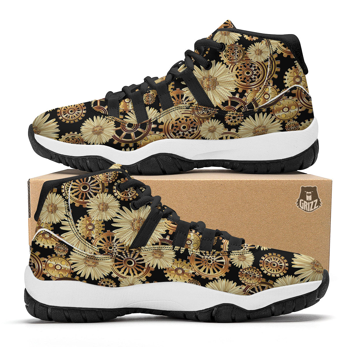 Steampunk Floral Pattern Print Black Bball Shoes-grizzshop