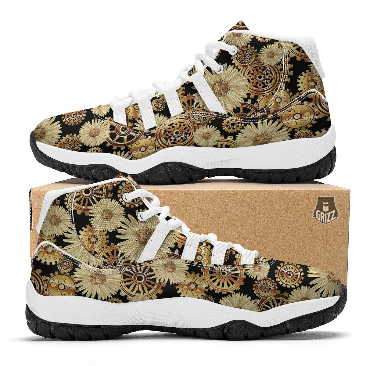 Steampunk Floral Pattern Print White Bball Shoes-grizzshop