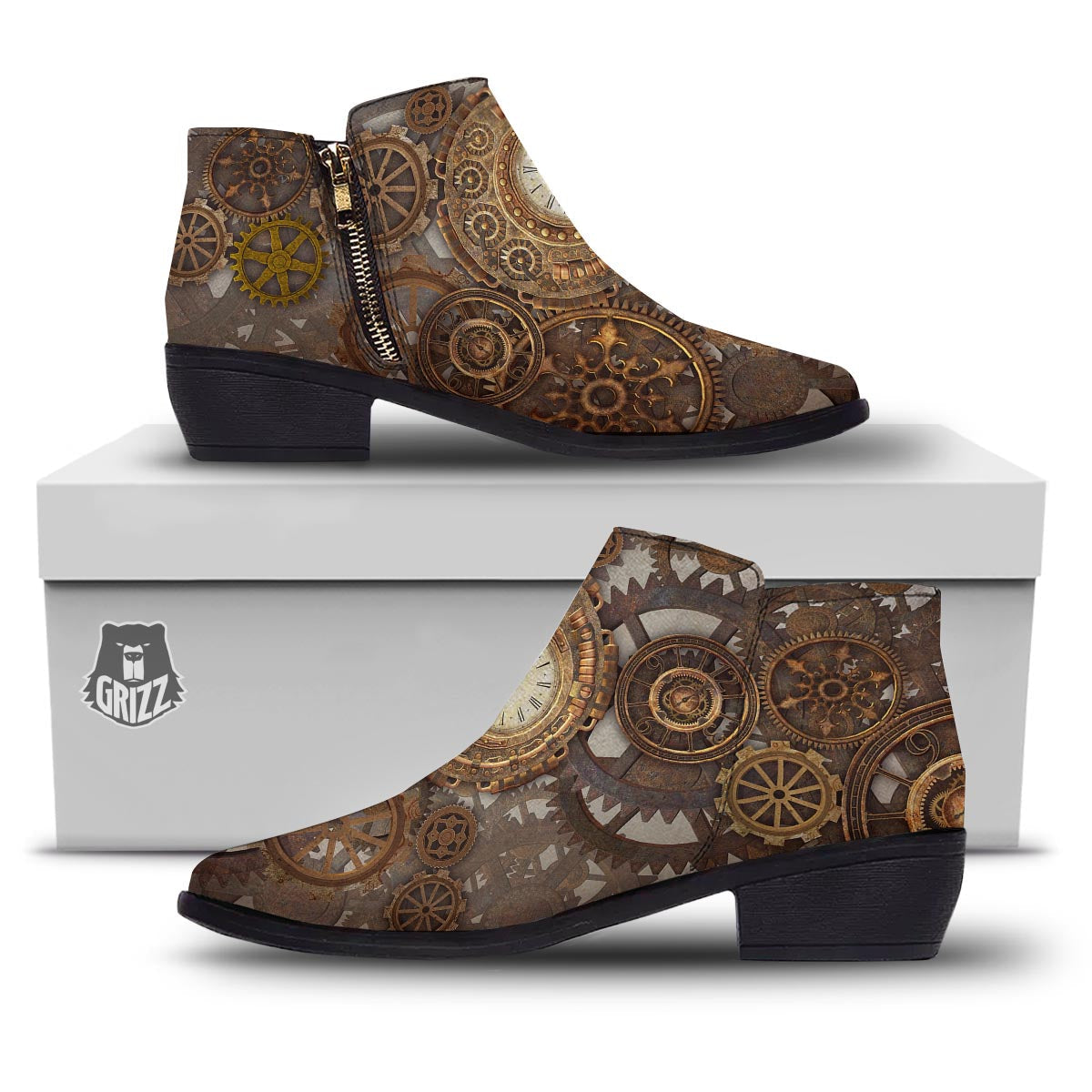 Steampunk Gears Clock Print Ankle Boots-grizzshop