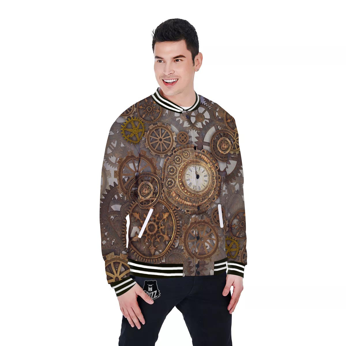 Steampunk Gears Clock Print Baseball Jacket-grizzshop