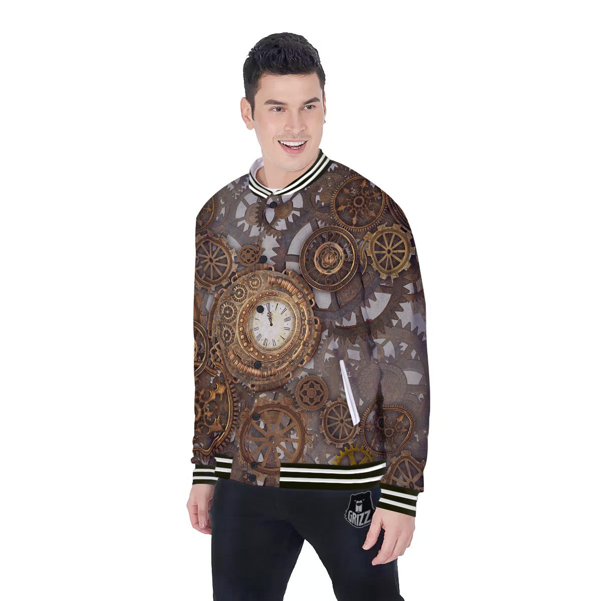Steampunk Gears Clock Print Baseball Jacket-grizzshop
