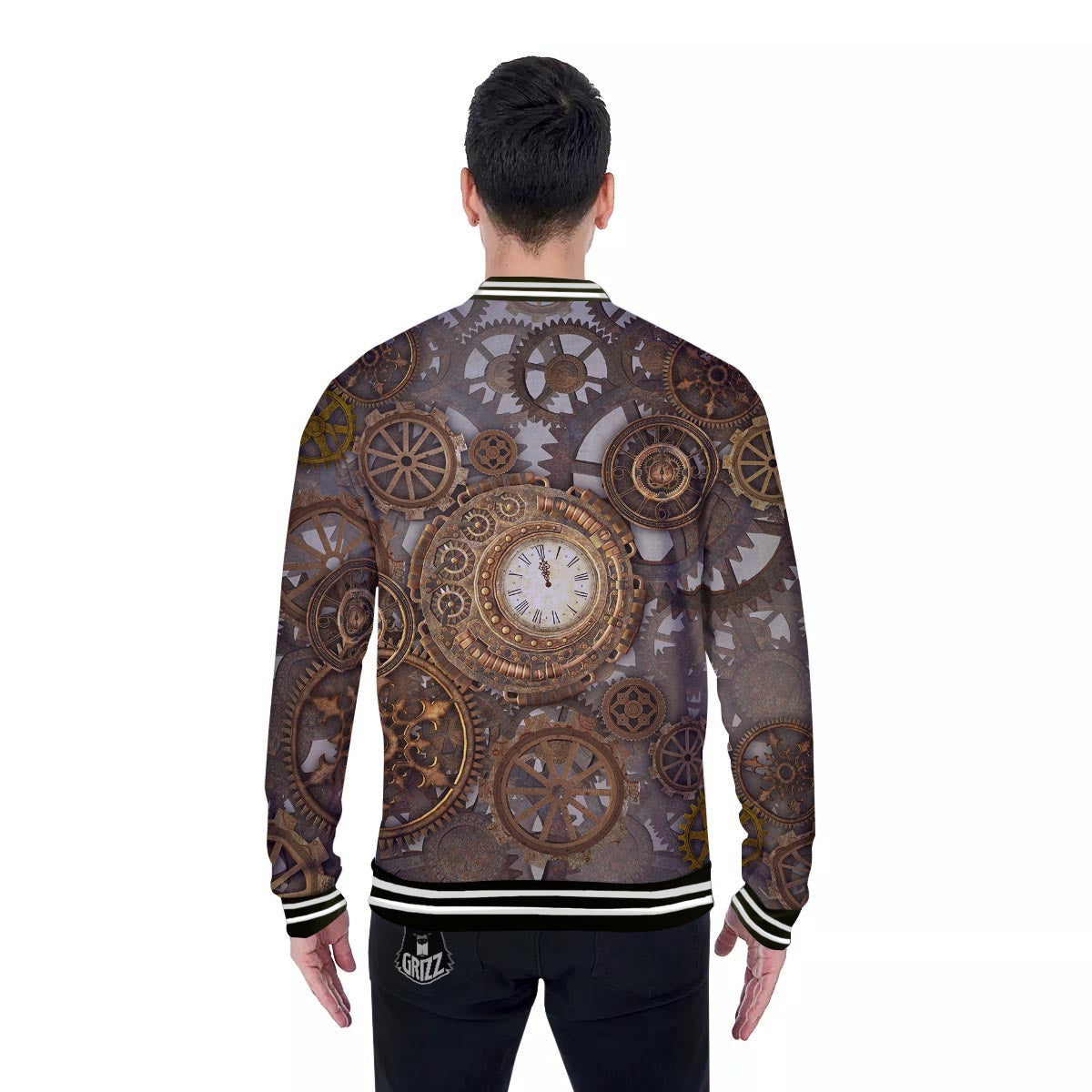 Steampunk Gears Clock Print Baseball Jacket-grizzshop