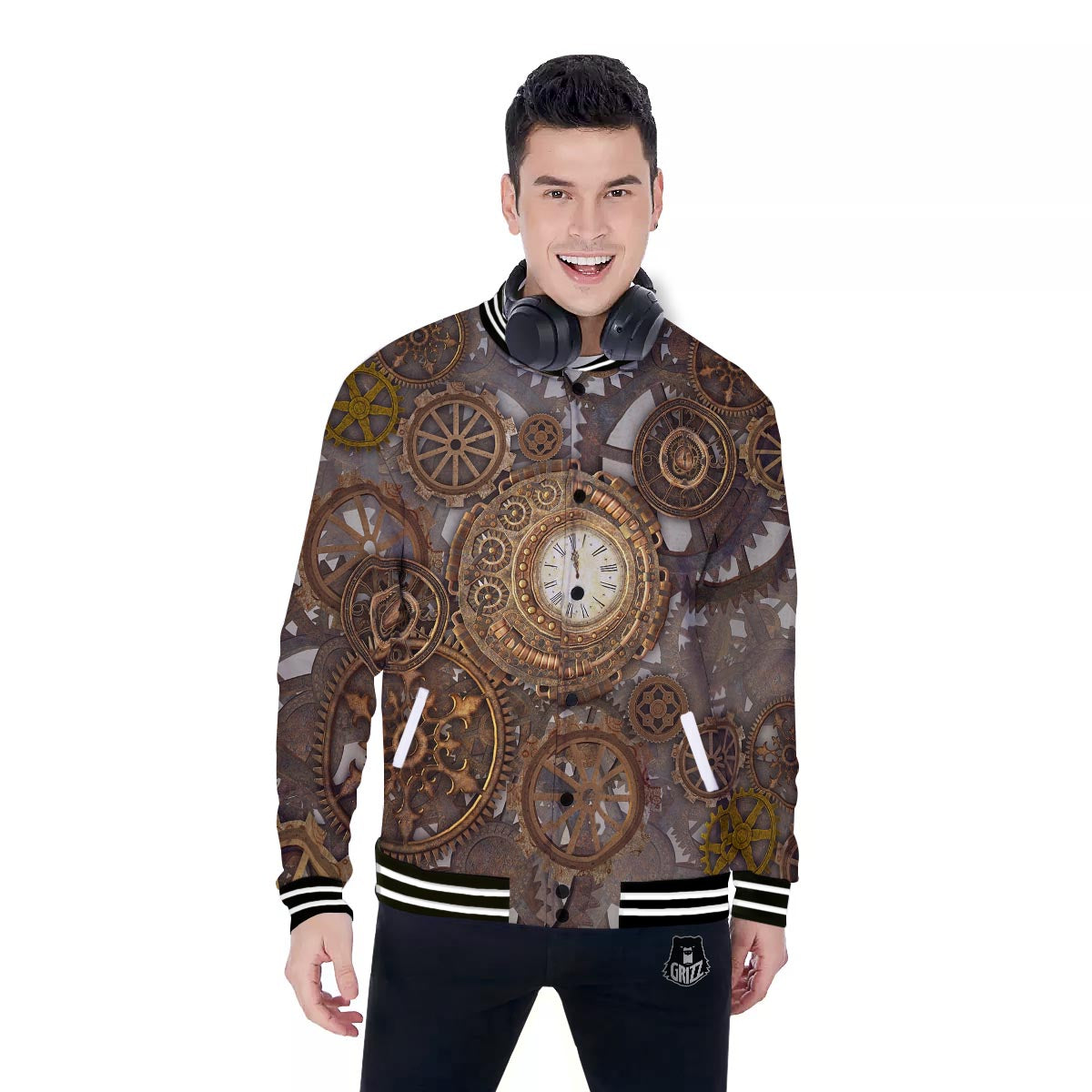 Steampunk Gears Clock Print Baseball Jacket-grizzshop