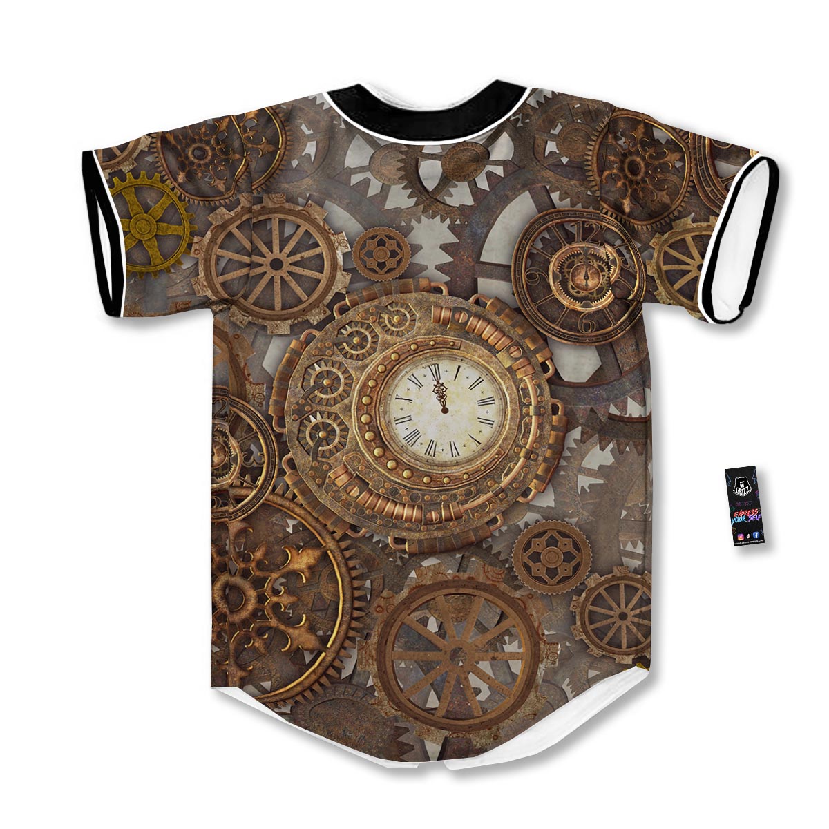 Steampunk Gears Clock Print Baseball Jersey-grizzshop