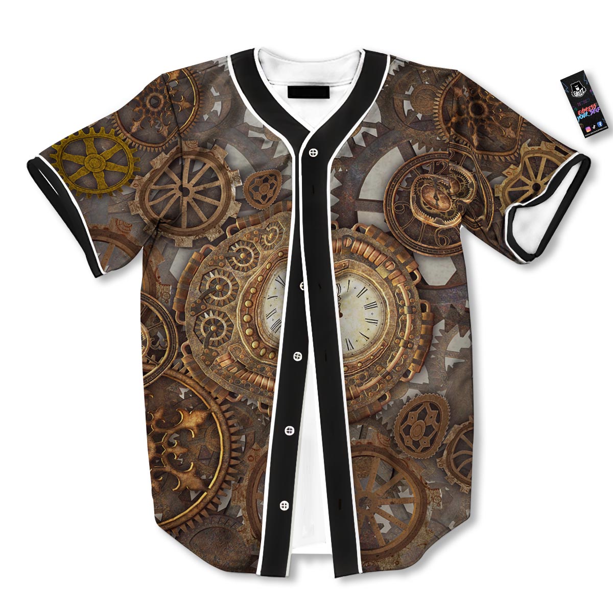 Steampunk Gears Clock Print Baseball Jersey-grizzshop
