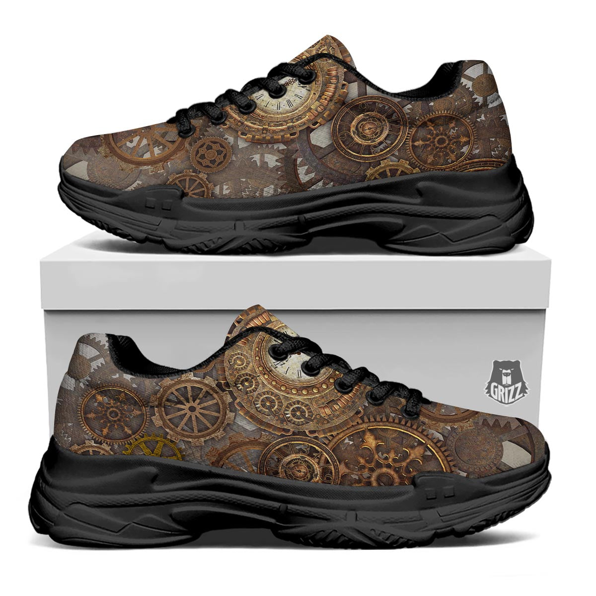 Steampunk Gears Clock Print Black Chunky Shoes-grizzshop
