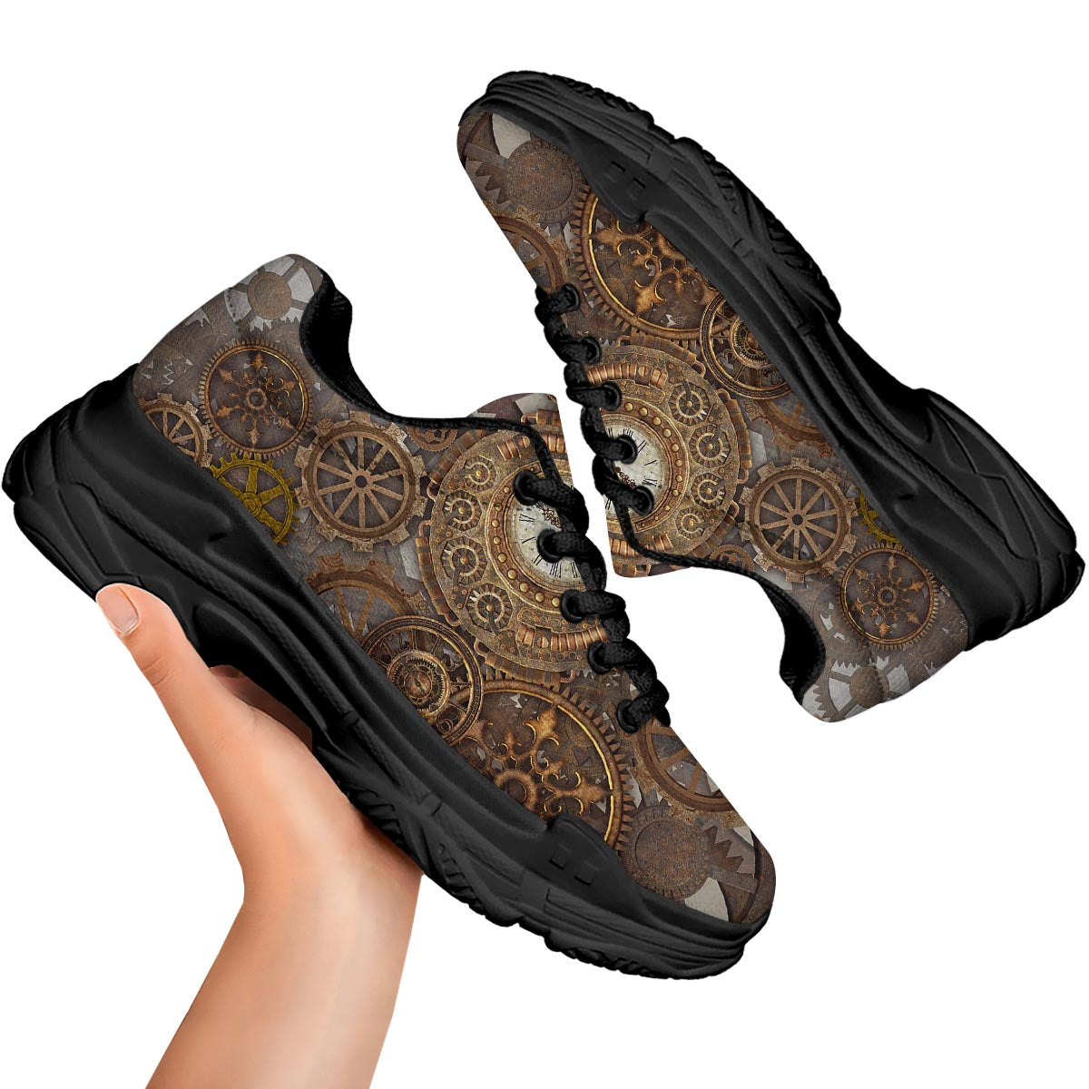 Steampunk Gears Clock Print Black Chunky Shoes-grizzshop