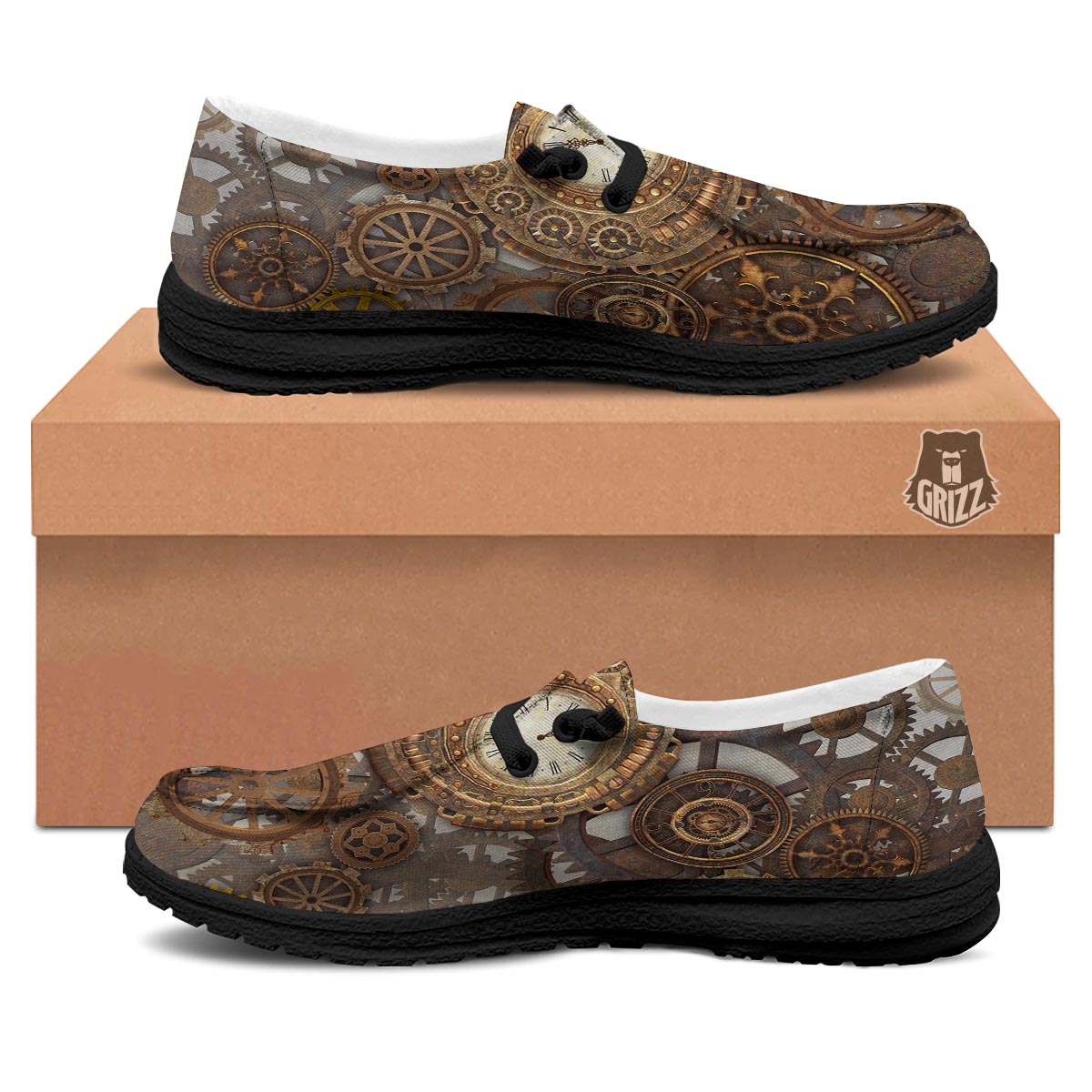 Steampunk Gears Clock Print Black Loafers-grizzshop