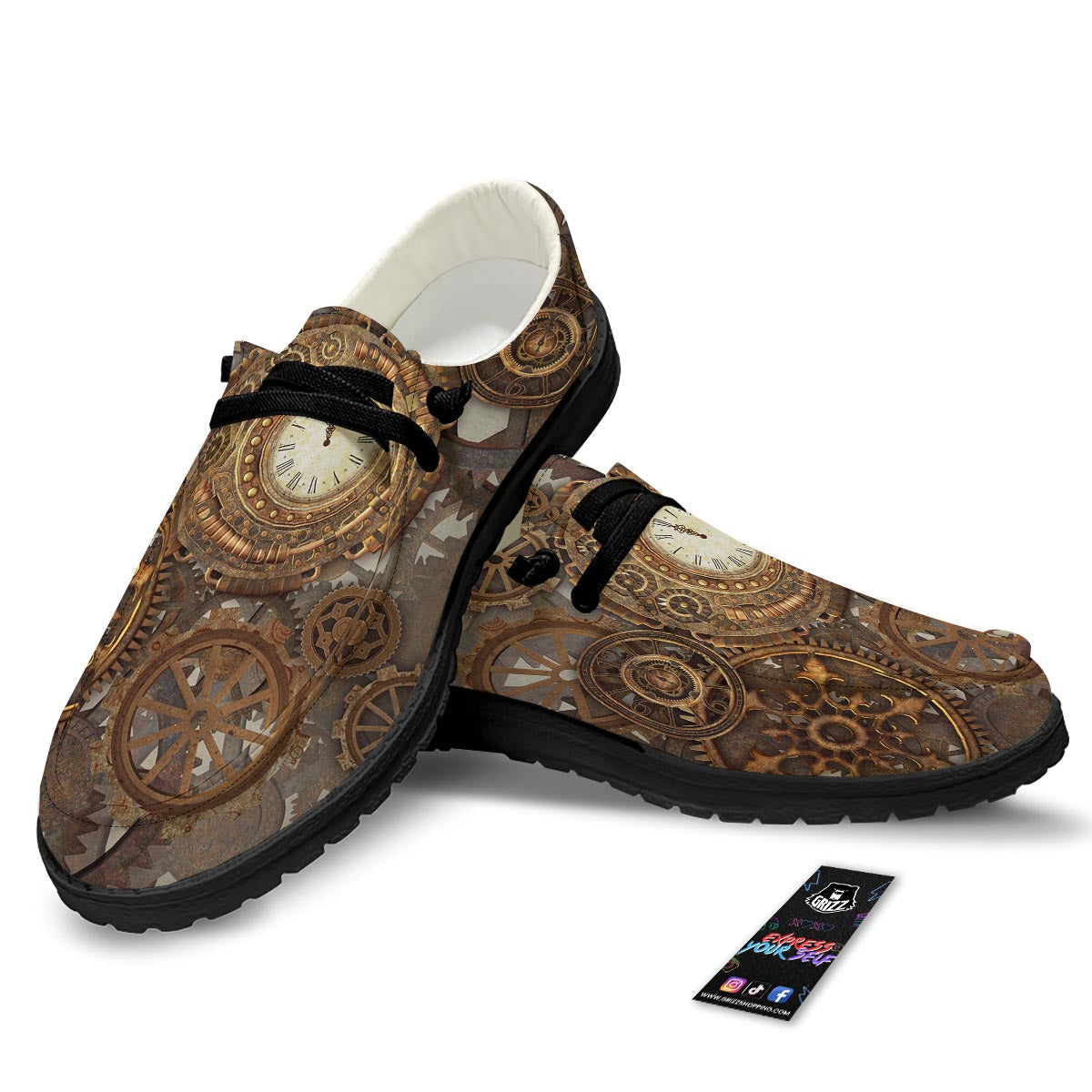 Steampunk Gears Clock Print Black Loafers-grizzshop