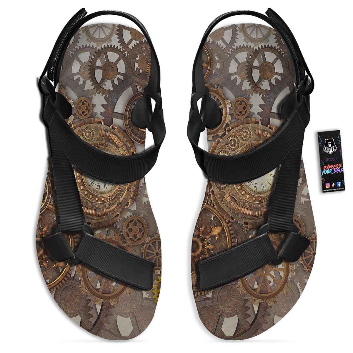 Steampunk Gears Clock Print Black Open Toe Sandals-grizzshop