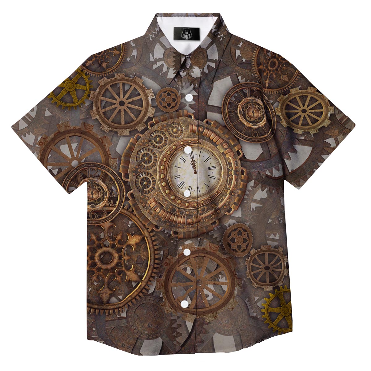 Steampunk Gears Clock Print Button Up Shirt-grizzshop