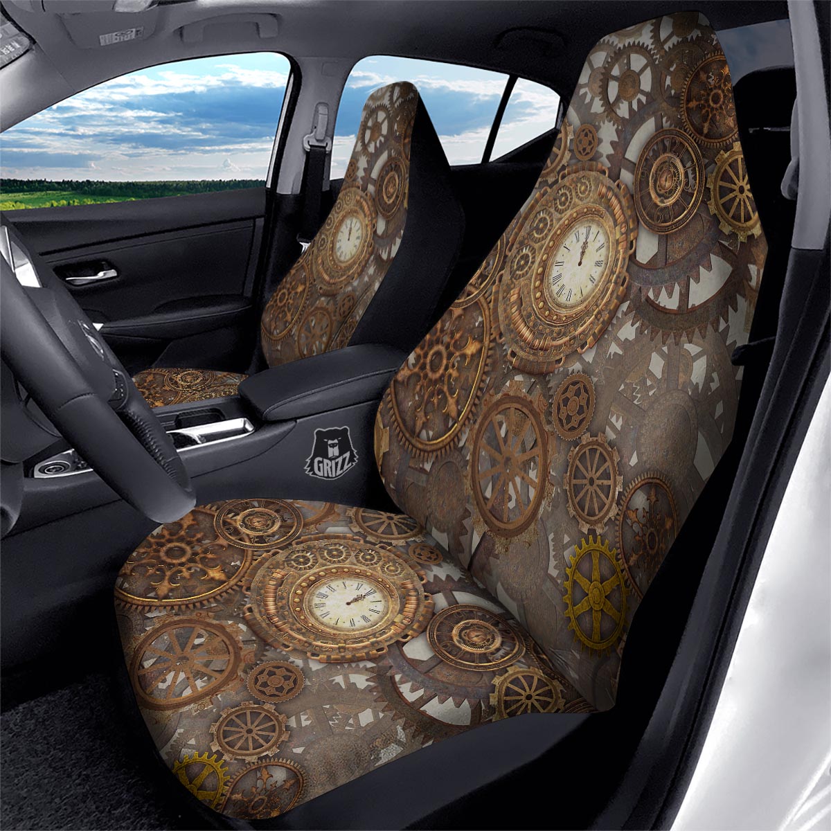 Steampunk Gears Clock Print Car Seat Covers-grizzshop