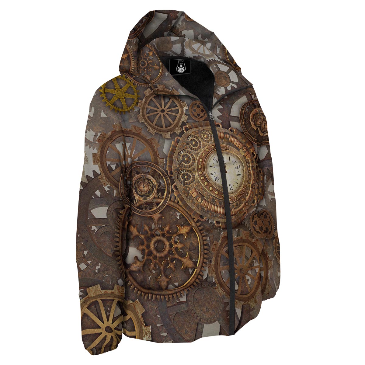 Steampunk Gears Clock Print Down Jacket-grizzshop
