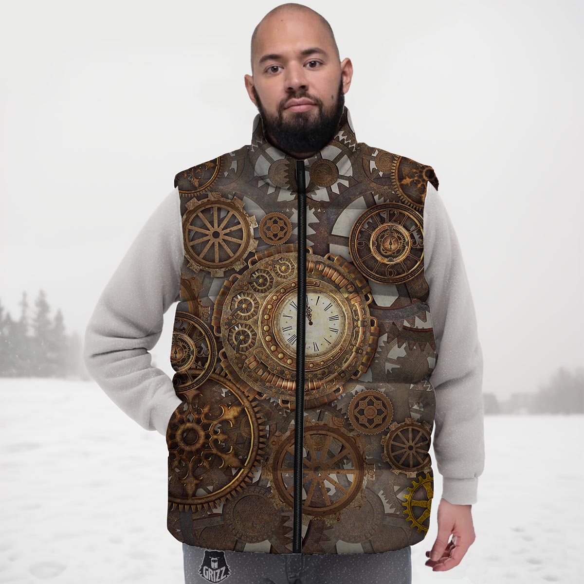 Steampunk Gears Clock Print Down Vest