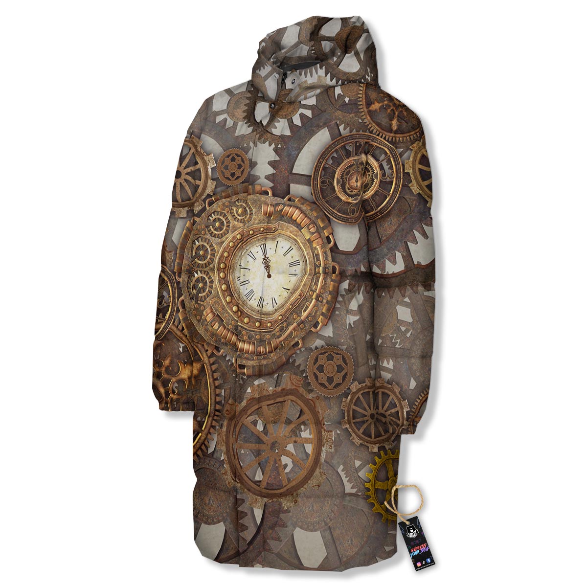 Steampunk Gears Clock Print Long Down Jacket-grizzshop